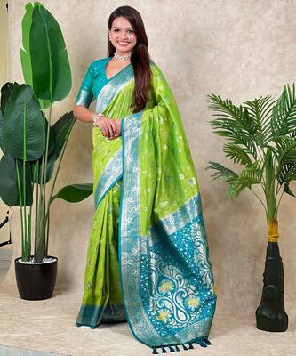 Olive faux banarasi silk blend woven zari meenakari jaal ethnic partywear saree 1