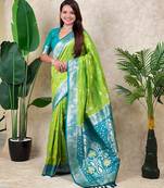 Olive faux banarasi silk fabric woven jari meenakari jaal designer ethnic partywear saree