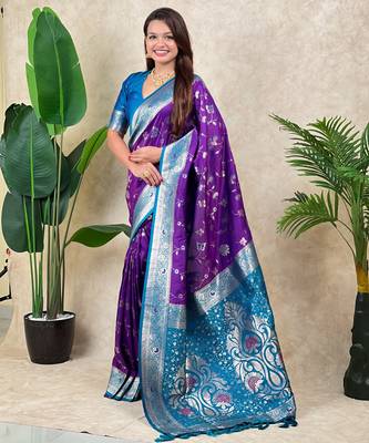 Purple faux banarasi silk blend woven zari meenakari jaal ethnic partywear saree 1