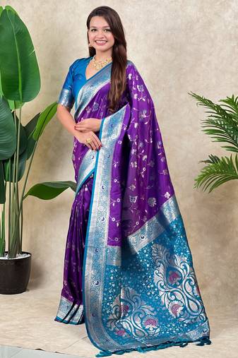 Purple color banarasi silk fabric woven jari meenakari jaal designer ethnic partywear saree