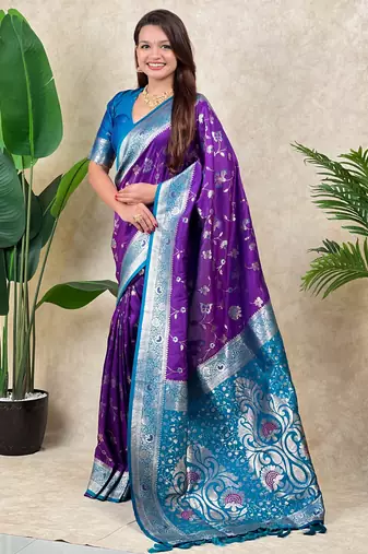 Purple color banarasi silk fabric woven jari meenakari jaal designer ethnic partywear saree