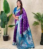 Purple faux banarasi silk fabric woven jari meenakari jaal designer ethnic partywear saree