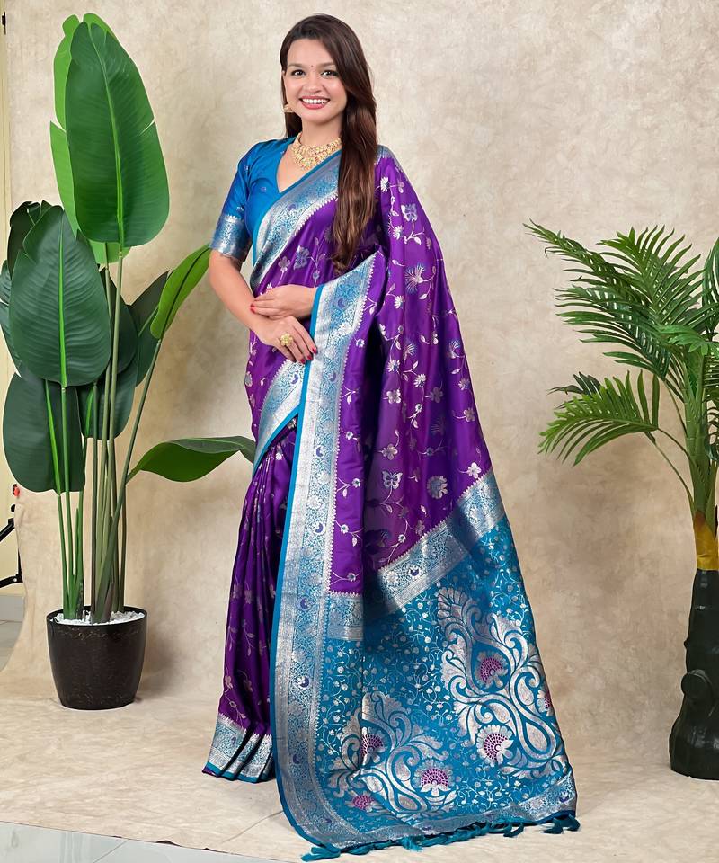Purple color banarasi silk fabric woven jari meenakari jaal designer ethnic partywear saree