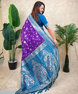 Purple faux banarasi silk blend woven zari meenakari jaal ethnic partywear saree 2