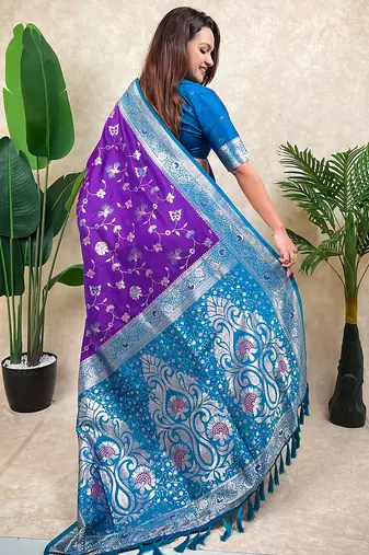 Purple faux banarasi silk blend woven zari meenakari jaal ethnic partywear saree