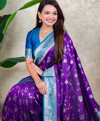 Purple faux banarasi silk blend woven zari meenakari jaal ethnic partywear saree 3