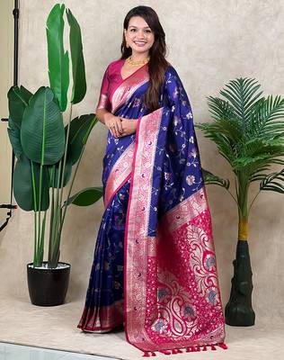 Voilet faux banarasi silk blend woven zari meenakari jaal ethnic partywear saree 1