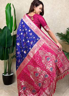 Voilet faux banarasi silk blend woven zari meenakari jaal ethnic partywear saree 2