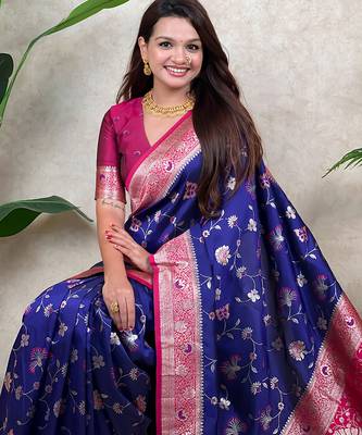 Voilet faux banarasi silk blend woven zari meenakari jaal ethnic partywear saree 3