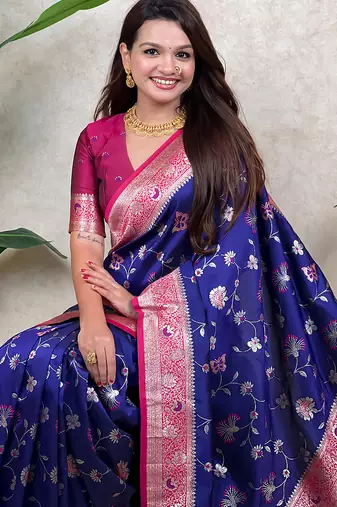 Voilet faux banarasi silk blend woven zari meenakari jaal ethnic partywear saree