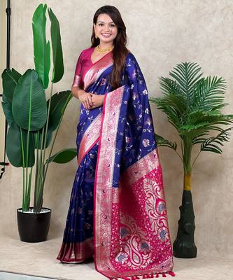 Voilet faux banarasi silk blend woven zari meenakari jaal ethnic partywear saree 4