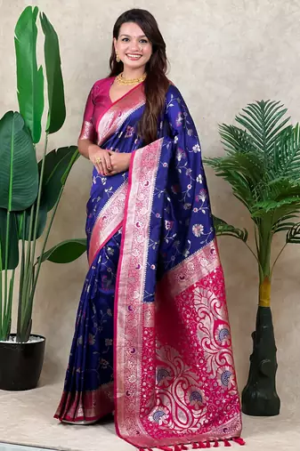 Voilet faux banarasi silk blend woven zari meenakari jaal ethnic partywear saree