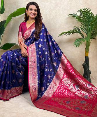 Voilet faux banarasi silk blend woven zari meenakari jaal ethnic partywear saree 5