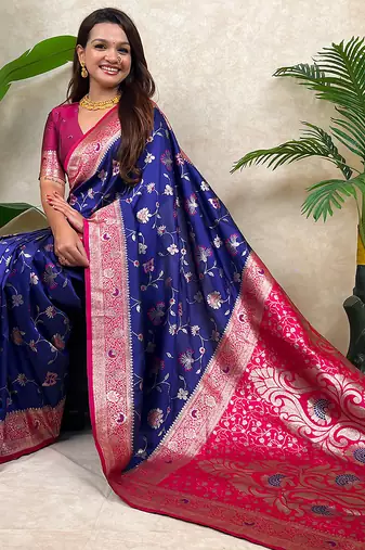 Voilet faux banarasi silk blend woven zari meenakari jaal ethnic partywear saree