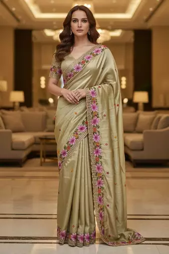 Gold color beautiful embroidered manipuri silk fabric ceremonial saree