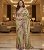 Gold color beautiful embroidered manipuri silk fabric ceremonial saree