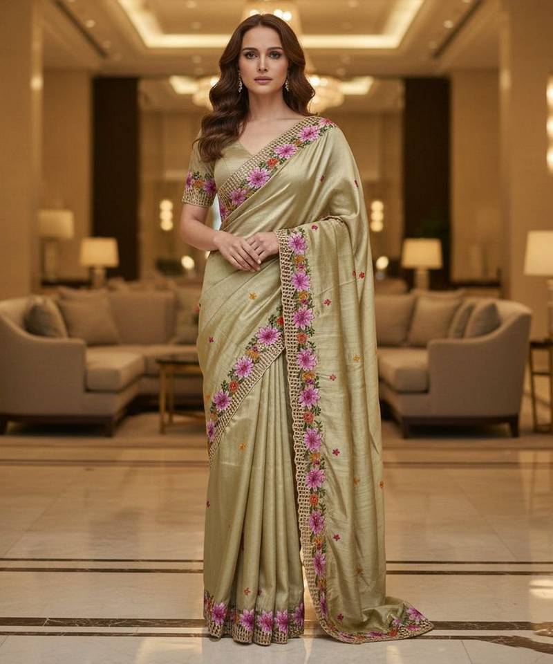 Gold color beautiful embroidered manipuri silk fabric ceremonial saree
