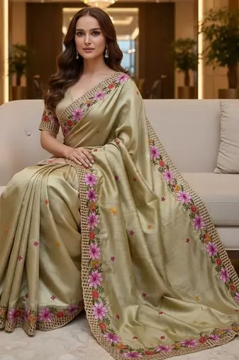 Gold embroidered manipuri silk blend ceremonial saree