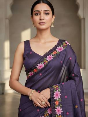 Purple embroidered manipuri silk blend ceremonial saree 3