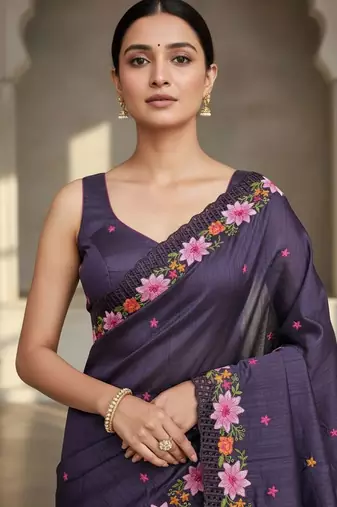 Purple embroidered manipuri silk blend ceremonial saree