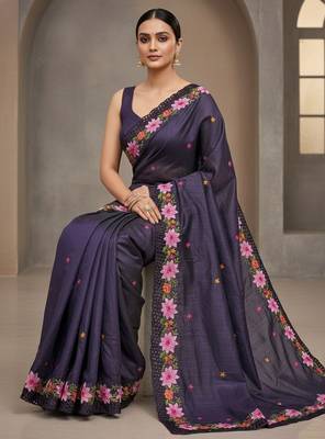 Purple embroidered manipuri silk blend ceremonial saree 5