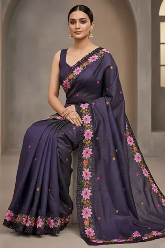Purple embroidered manipuri silk blend ceremonial saree