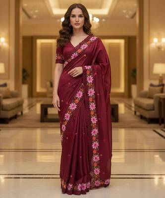Red embroidered manipuri silk blend ceremonial saree 1
