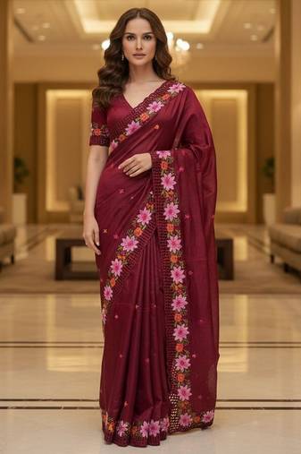 Red color beautiful embroidered manipuri silk fabric ceremonial saree