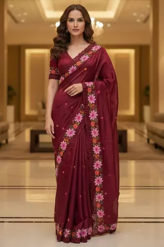 Red color beautiful embroidered manipuri silk fabric ceremonial saree