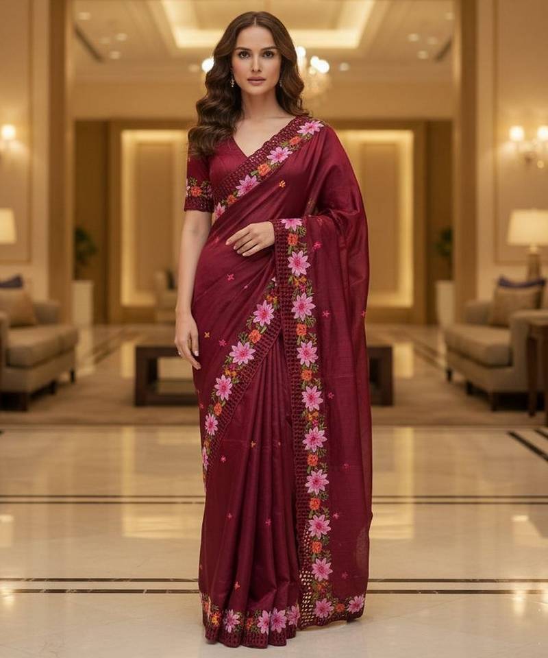 Red color beautiful embroidered manipuri silk fabric ceremonial saree