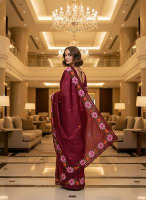 Red embroidered manipuri silk blend ceremonial saree 4