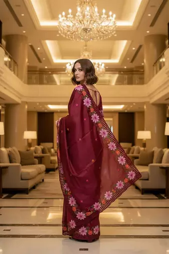 Red embroidered manipuri silk blend ceremonial saree