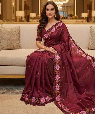 Red embroidered manipuri silk blend ceremonial saree 5