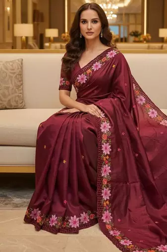 Red embroidered manipuri silk blend ceremonial saree