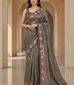 Grey color beautiful embroidered manipuri silk fabric ceremonial saree