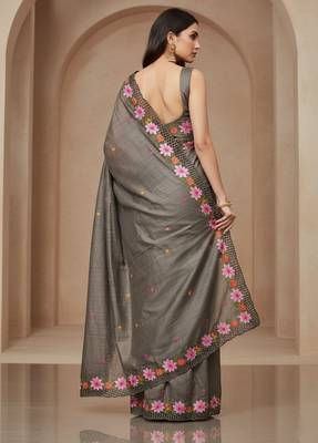 Grey embroidered manipuri silk blend ceremonial saree 2