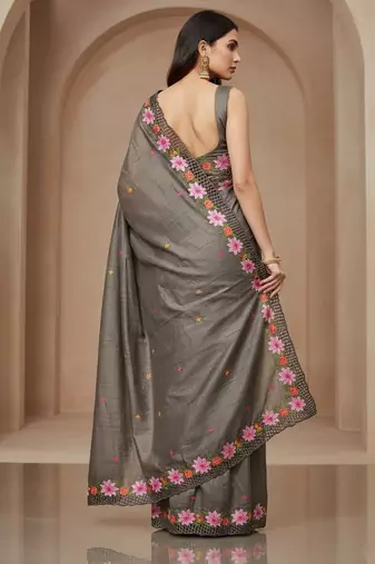 Grey embroidered manipuri silk blend ceremonial saree