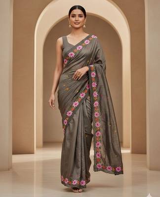 Grey embroidered manipuri silk blend ceremonial saree 4