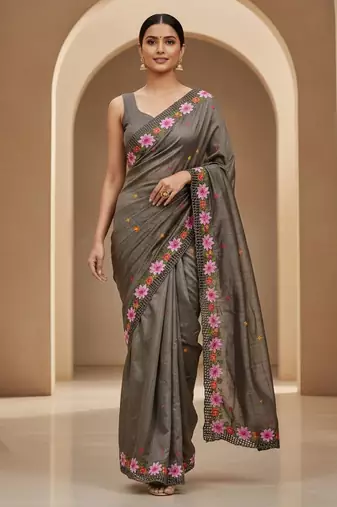 Grey embroidered manipuri silk blend ceremonial saree