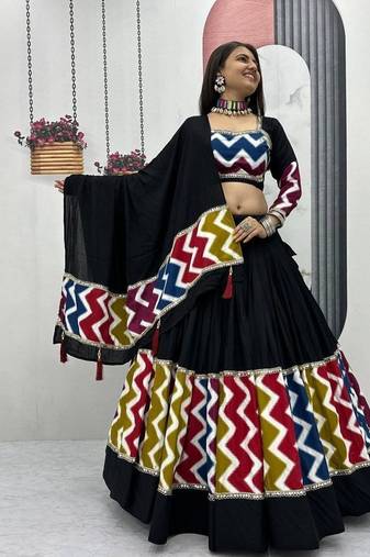 Black Color Plain Navratri Cotton Lahenga Choli Set