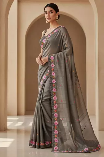 Grey embroidered manipuri silk blend ceremonial saree