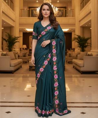 Teal blue embroidered manipuri silk blend ceremonial saree 1