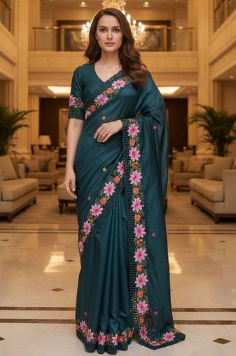 Teal blue color beautiful embroidered manipuri silk fabric ceremonial saree