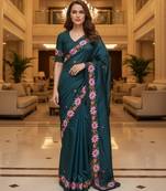 Teal blue color beautiful embroidered manipuri silk fabric ceremonial saree