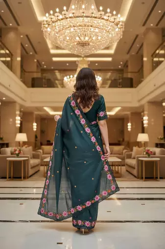 Teal blue embroidered manipuri silk blend ceremonial saree