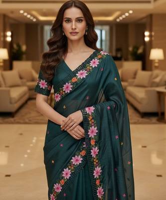 Teal blue embroidered manipuri silk blend ceremonial saree 3