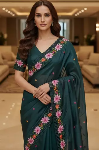 Teal blue embroidered manipuri silk blend ceremonial saree