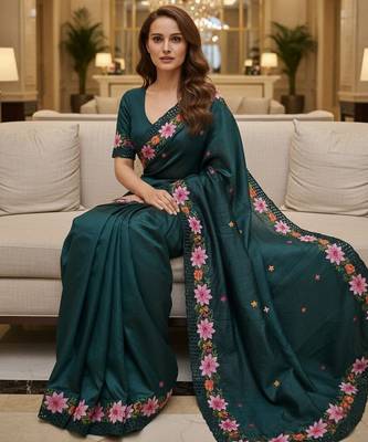 Teal blue embroidered manipuri silk blend ceremonial saree 5