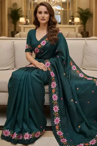 Teal blue embroidered manipuri silk blend ceremonial saree