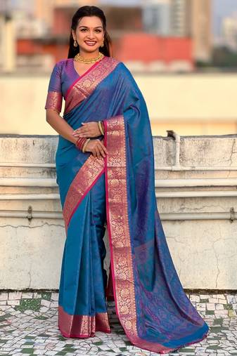 Blue color graceful soft silk fabric woven designer saree